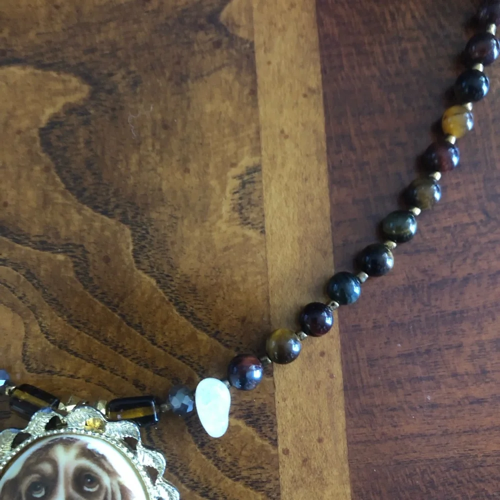 Handcrafted hound dog cameo natural stone bulls eye citrine necklace